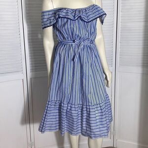 Vintage Blue Nautical‎ Stripe Ruffle Tiered Dress Large USA
